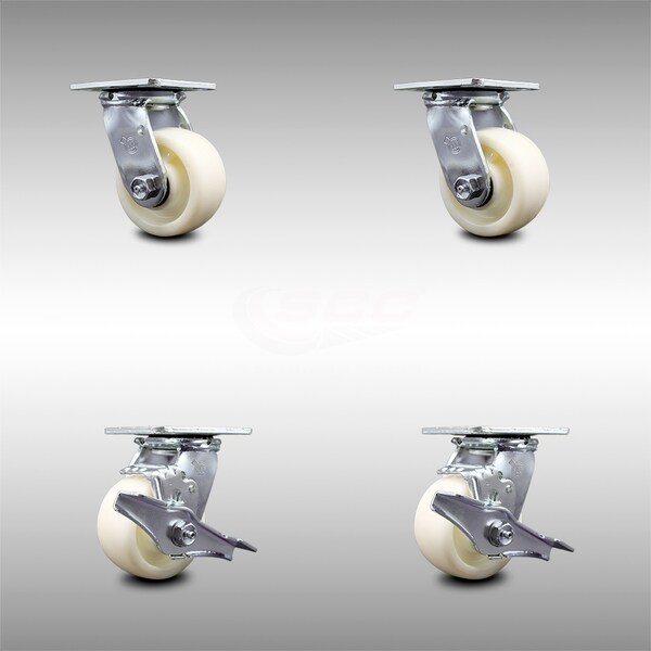 4 Inch Stainless Steel Nylon Swivel Caster Set with Ball Bearings 2 Brakes SCC